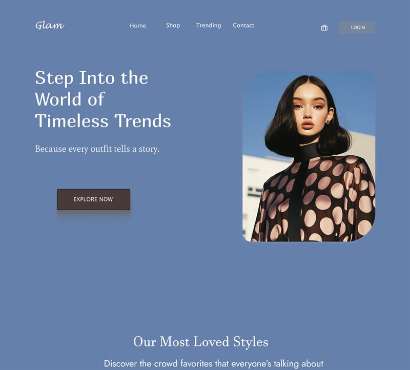 Glam fashion e-commerce landing page with dusty blue hero and product carousel
