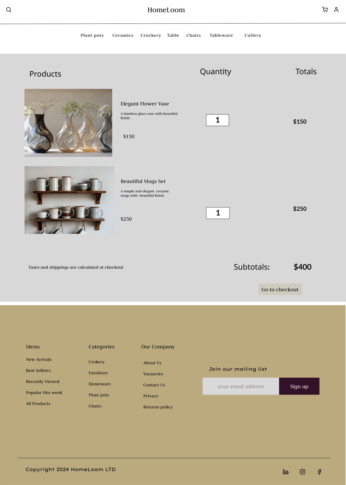 HomeLoom shopping cart page with itemized list and running subtotal