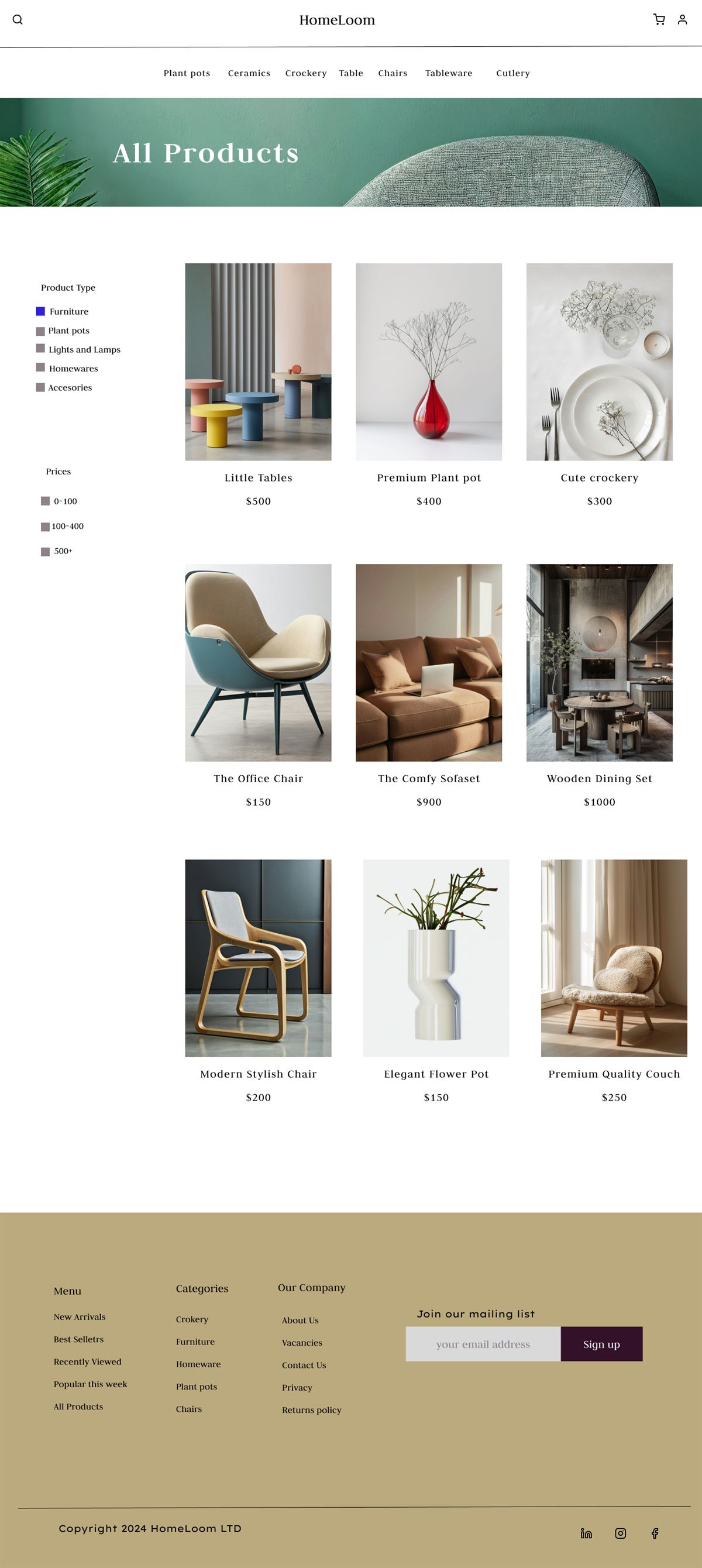 HomeLoom All Products shop grid with category and price filters