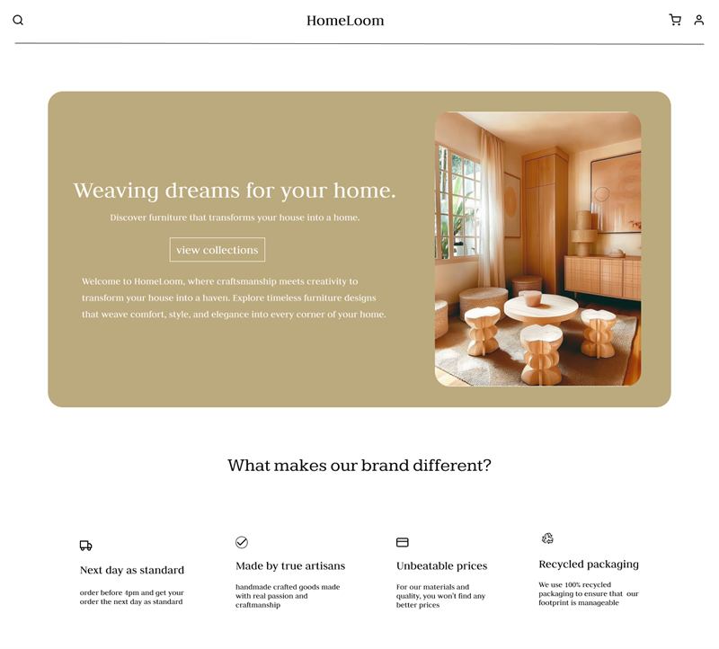 HomeLoom furniture e-commerce homepage with warm tan hero and product grid