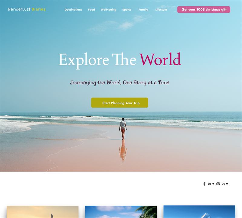 WanderLust Diaries travel blog homepage with full-bleed beach photography